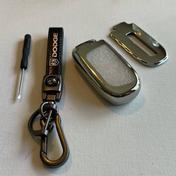 Dodge Logo key fob Keychain Black Leather and Key Fob Cover in Silver NWT - Picture 2 of 10